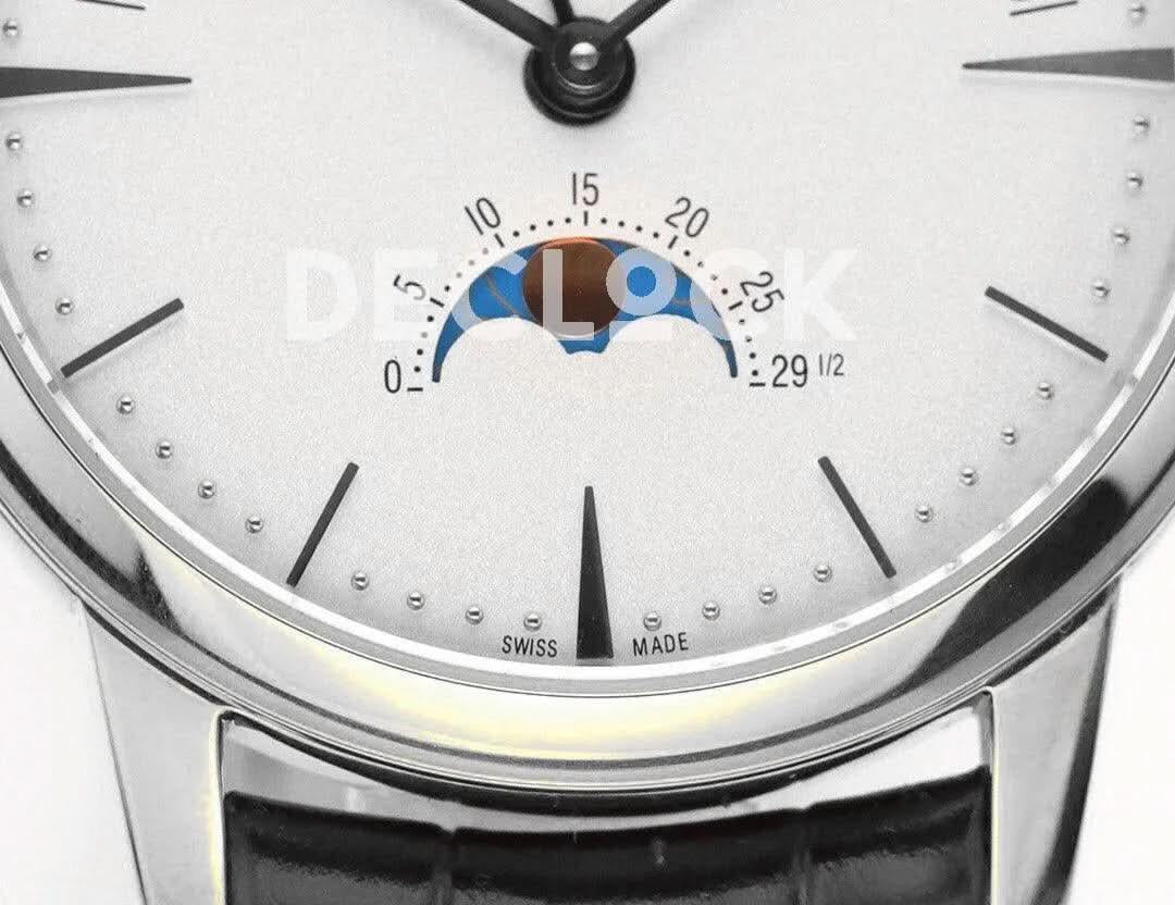 Replica Vacheron Constantin Patrimony Moonpahse Retrograde Date Steel White Dial on Black Leather Strap |  Declock.