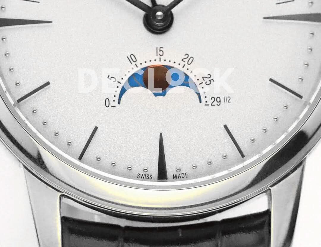 Replica Vacheron Constantin Patrimony Moonpahse Retrograde Date Steel White Dial on Black Leather Strap