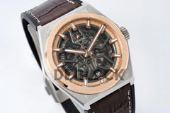 Replica Zenith Defy Classic Skeleton Rose Gold Bezel on Brown Leather Strap