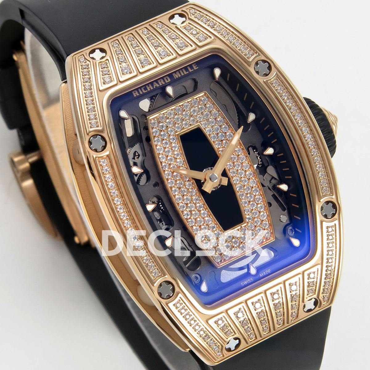 Richard Mille RM07-01 Grooved Gem Bezel Gold Tone Black Dial Black Rubber ZF CRMA2 replica - three quarter
