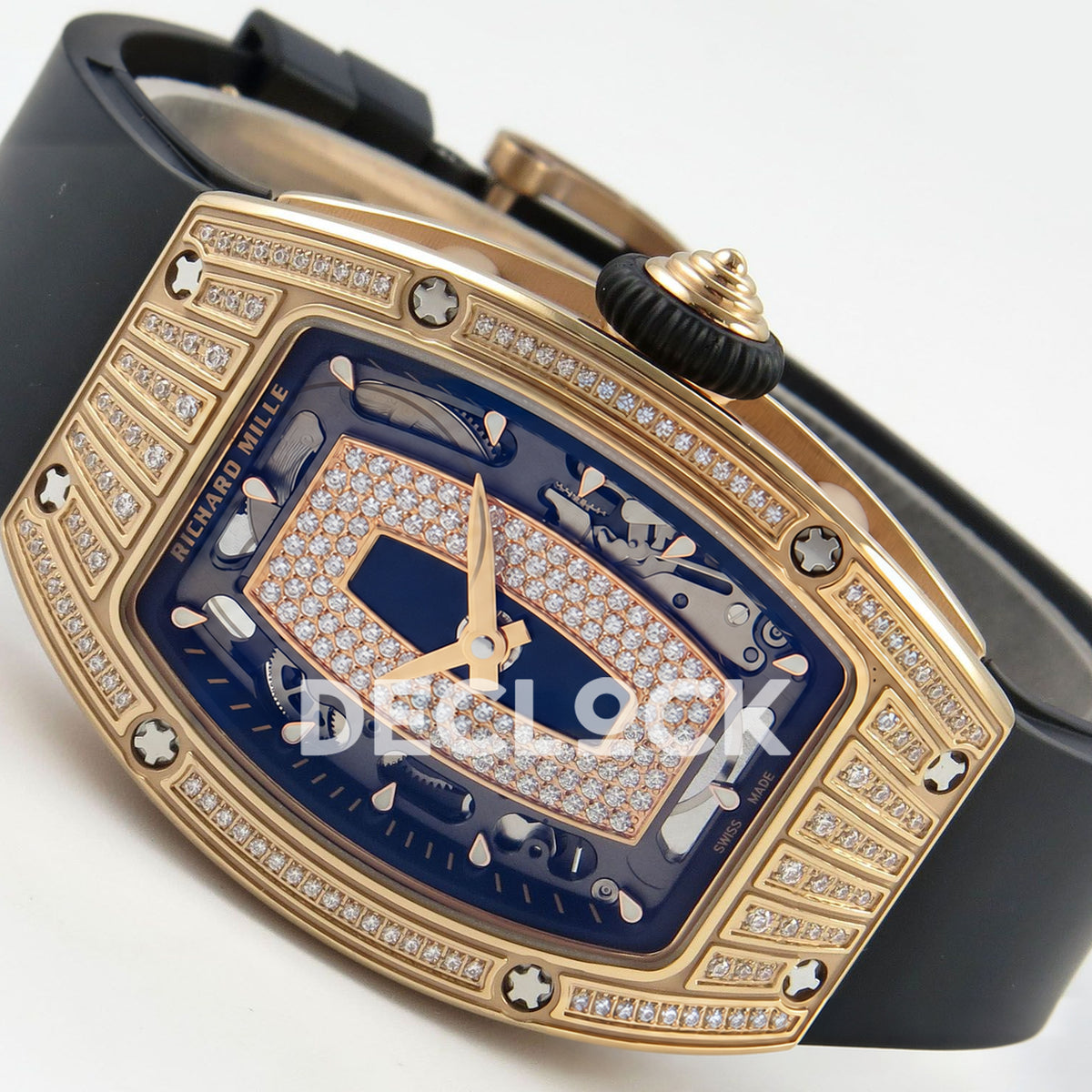 Richard Mille RM07-01 Grooved Gem Bezel Gold Tone Black Dial Black Rubber ZF CRMA2 replica - horizontal crown up