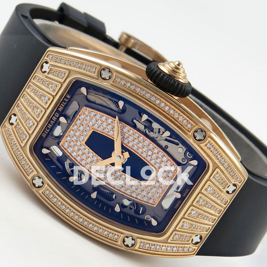 Richard Mille RM07-01 Grooved Gem Bezel Gold Tone Black Dial Black Rubber ZF CRMA2 replica - horizontal crown up