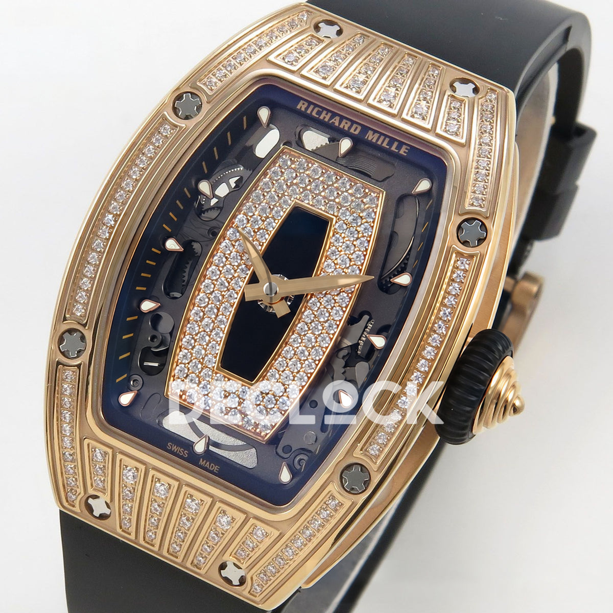 Richard Mille RM07-01 Grooved Gem Bezel Gold Tone Black Dial Black Rubber ZF CRMA2 replica - front opposite angle