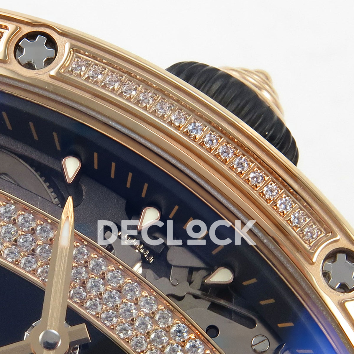 Richard Mille RM07-01 Grooved Gem Bezel Gold Tone Black Dial Black Rubber ZF CRMA2 replica - crown and bezel detail