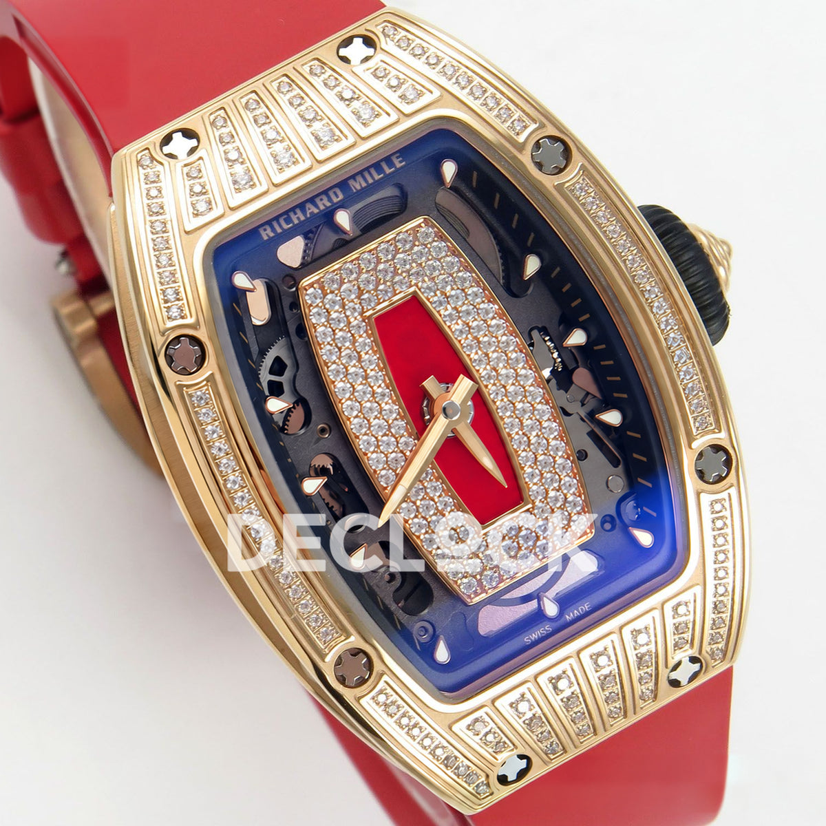 Richard Mille RM07-01 Grooved Gem Bezel Gold Tone Red Dial Red Rubber ZF CRMA2 replica - three quarter