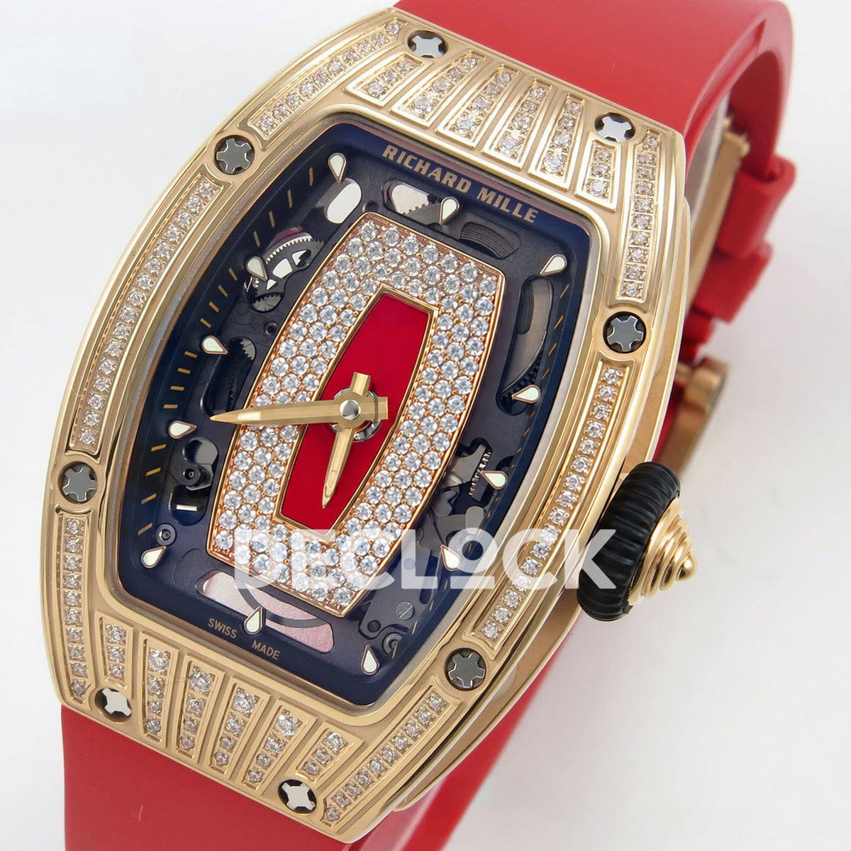 Richard Mille RM07-01 Grooved Gem Bezel Gold Tone Red Dial Red Rubber ZF CRMA2 replica - front opposite angle