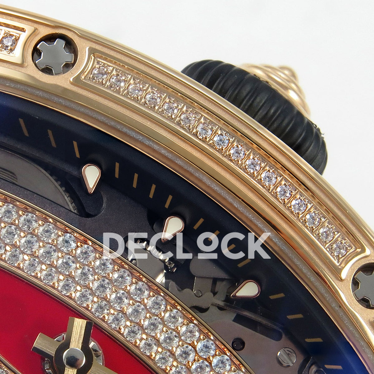 Richard Mille RM07-01 Grooved Gem Bezel Gold Tone Red Dial Red Rubber ZF CRMA2 replica - crown and bezel detail