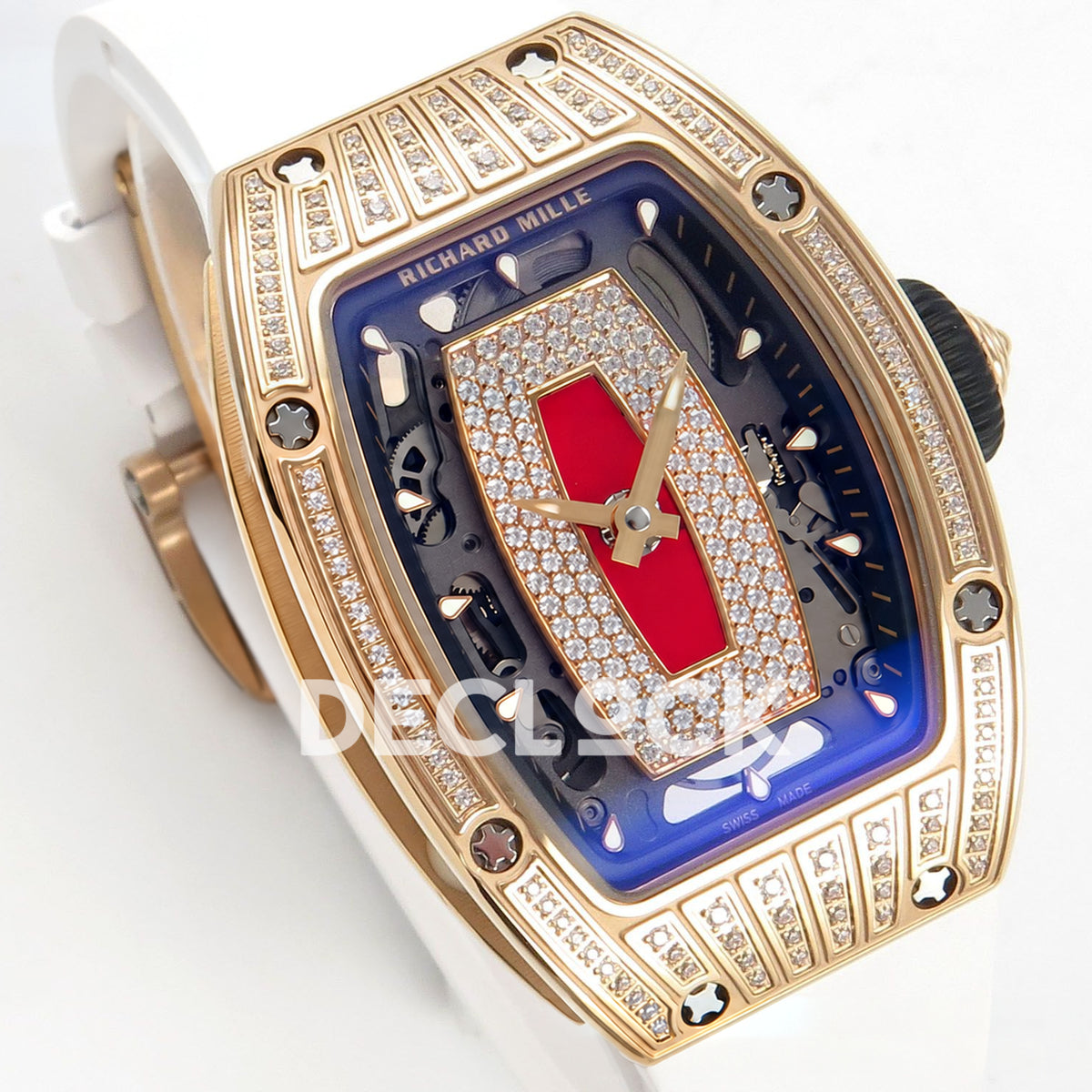 Richard Mille RM07-01 Grooved Gem Bezel Gold Tone Red Dial White Rubber ZF CRMA2 replica - three quarter