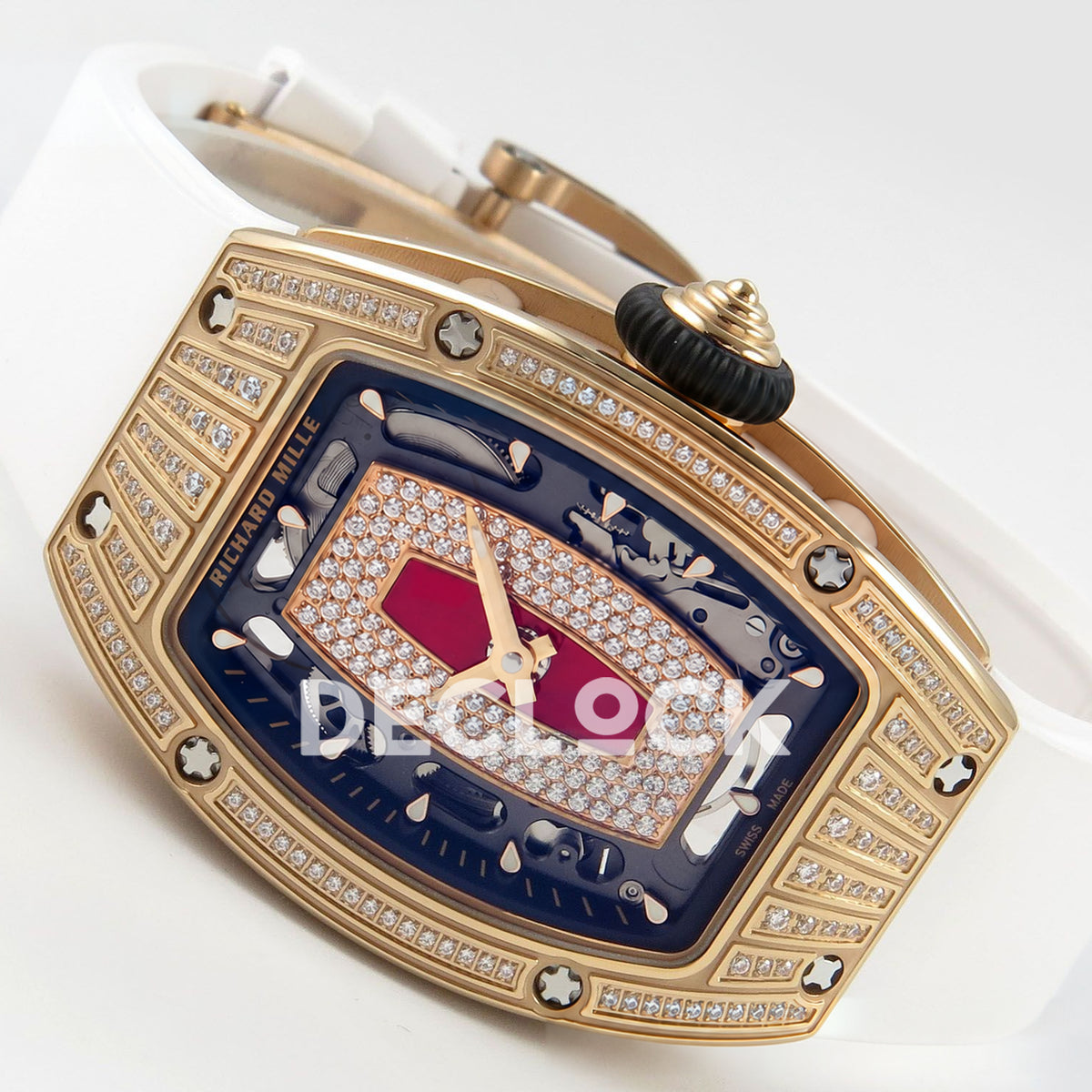 Richard Mille RM07-01 Grooved Gem Bezel Gold Tone Red Dial White Rubber ZF CRMA2 replica - horizontal crown up