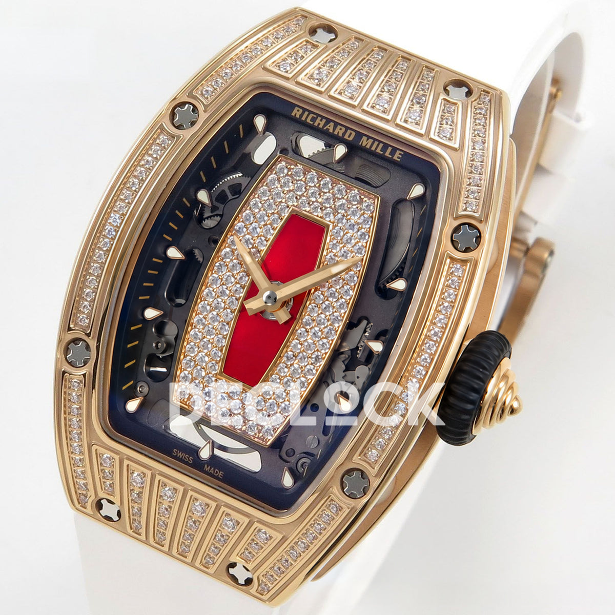 Richard Mille RM07-01 Grooved Gem Bezel Gold Tone Red Dial White Rubber ZF CRMA2 replica - front opposite angle
