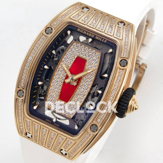 Richard Mille RM07-01 Grooved Gem Bezel Gold Tone Red Dial White Rubber ZF CRMA2 replica - front opposite angle