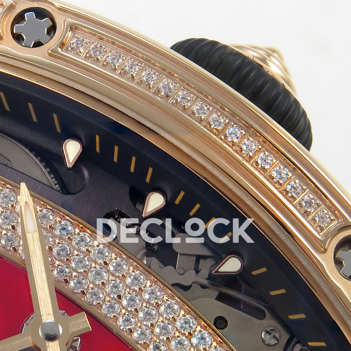 Richard Mille RM07-01 Grooved Gem Bezel Gold Tone Red Dial White Rubber ZF CRMA2 replica - crown and bezel detail