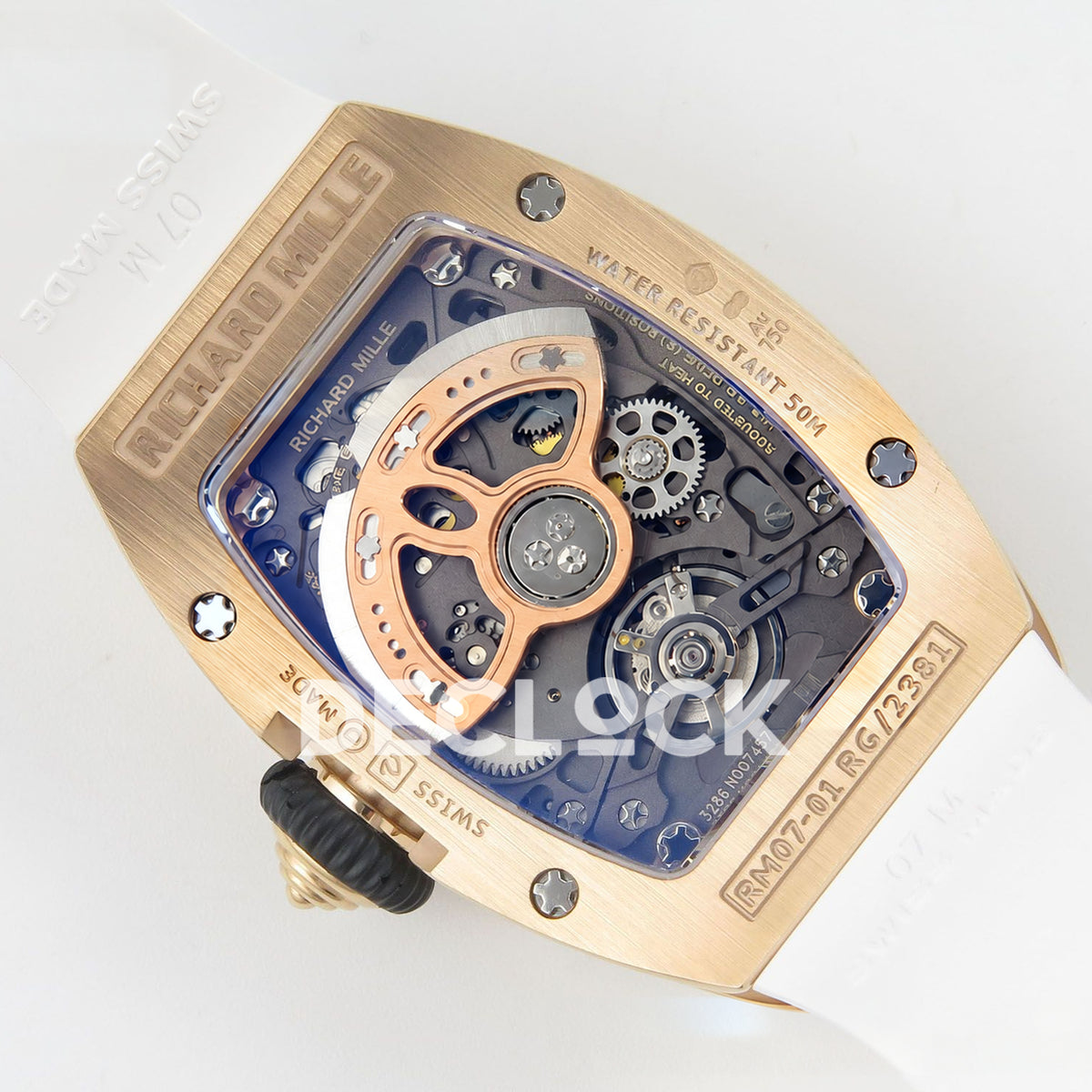 Richard Mille RM07-01 Grooved Gem Bezel Gold Tone Red Dial White Rubber ZF CRMA2 replica - caseback rotor left