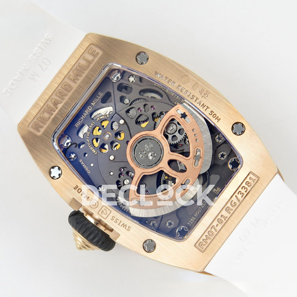 Richard Mille RM07-01 Grooved Gem Bezel Gold Tone Red Dial White Rubber ZF CRMA2 replica - caseback rotor right