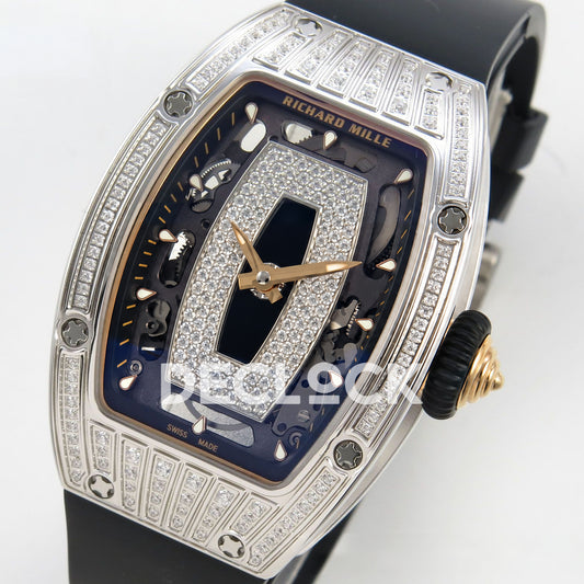 Richard Mille RM07-01 Grooved Gem Bezel Steel Black Dial Black Rubber ZF CRMA2 replica - front opposite angle