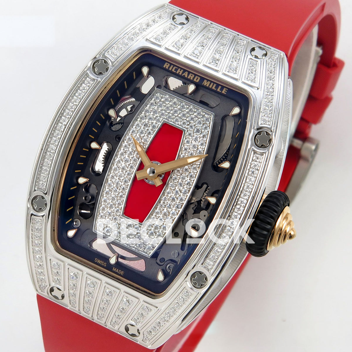 Richard Mille RM07-01 Grooved Gem Bezel Steel Red Dial Red Rubber ZF CRMA2 replica - front opposite angle