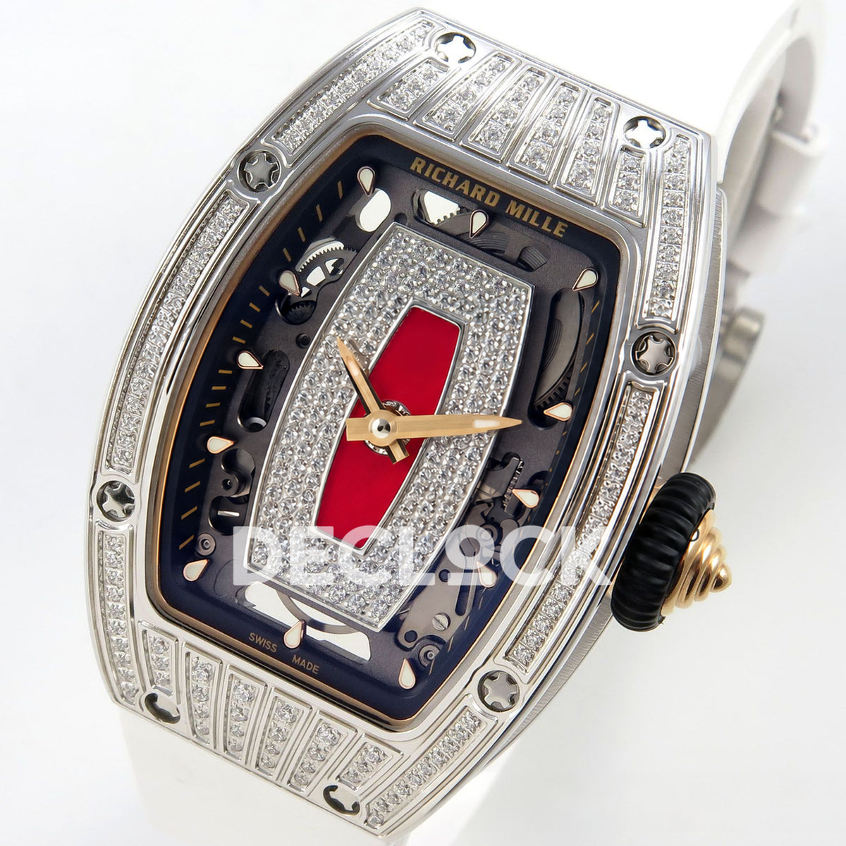 Richard Mille RM07-01 Grooved Gem Bezel Steel Red Dial White Rubber ZF CRMA2 replica - front opposite angle