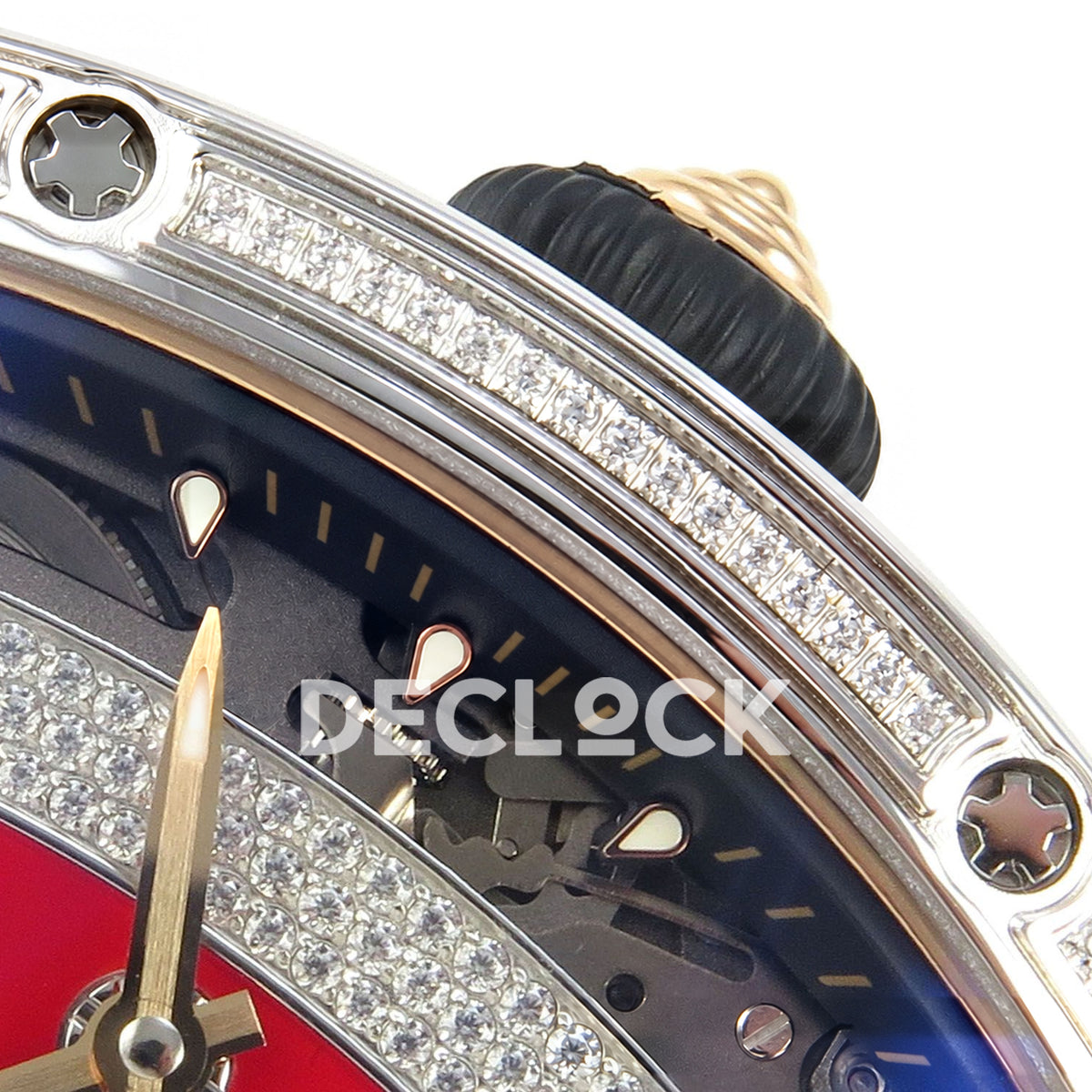 Richard Mille RM07-01 Grooved Gem Bezel Steel Red Dial White Rubber ZF CRMA2 replica - crown and bezel detail