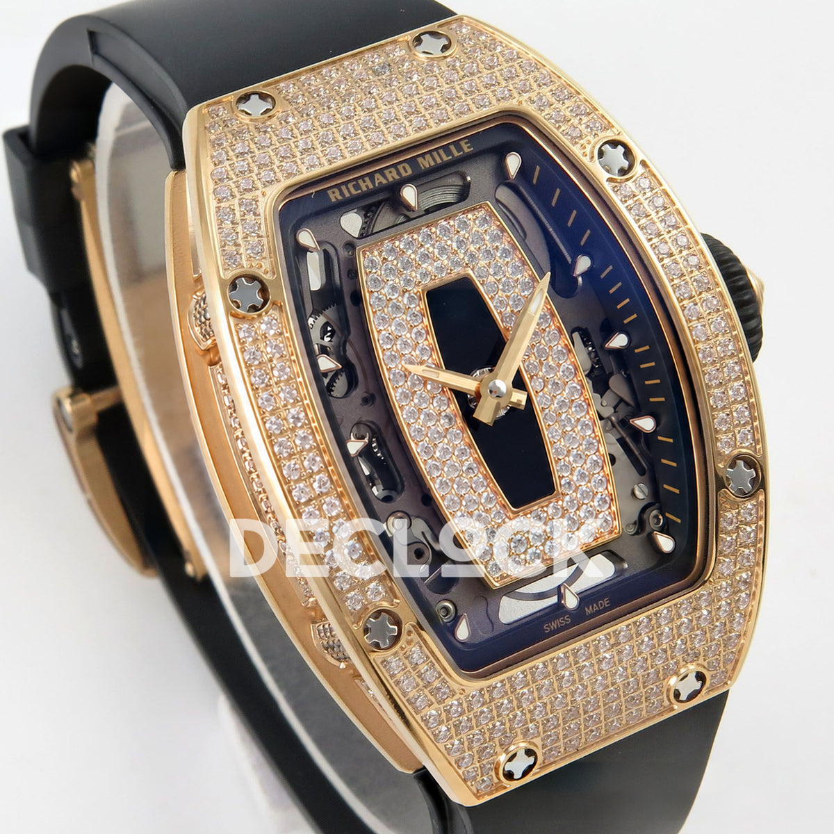 Richard Mille RM07-01 Full Pave Rose Gold Tone Black Dial Black Rubber ZF CRMA2 replica - three quarter