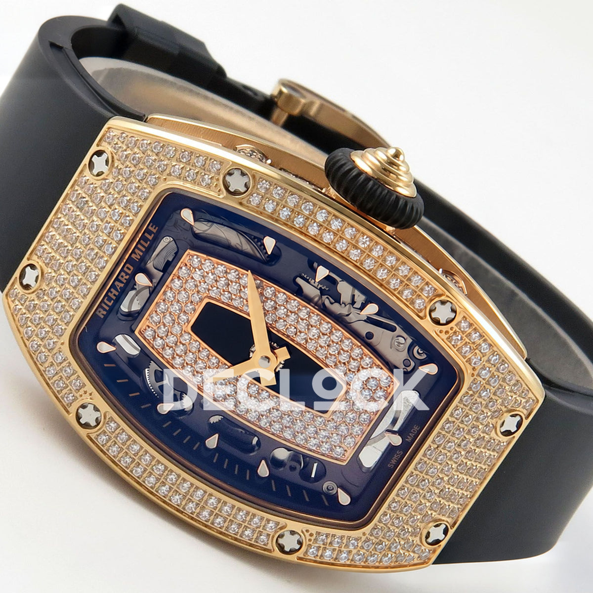 Richard Mille RM07-01 Full Pave Rose Gold Tone Black Dial Black Rubber ZF CRMA2 replica - horizontal crown up