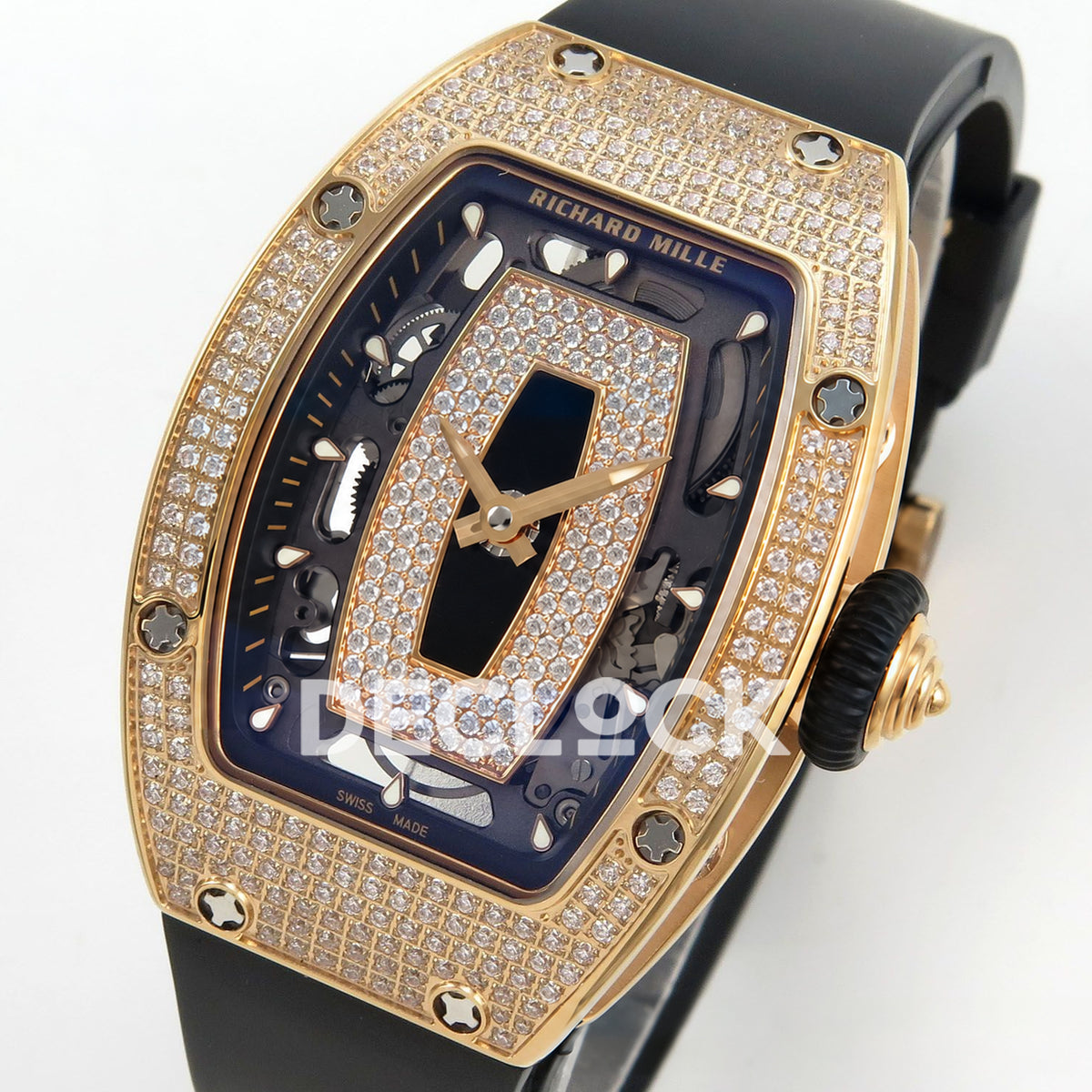 Richard Mille RM07-01 Full Pave Rose Gold Tone Black Dial Black Rubber ZF CRMA2 replica - front opposite angle