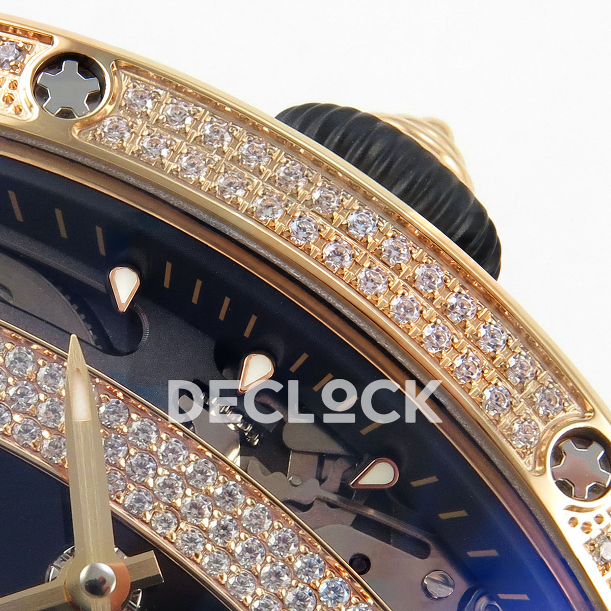 Richard Mille RM07-01 Full Pave Rose Gold Tone Black Dial Black Rubber ZF CRMA2 replica - crown and bezel detail