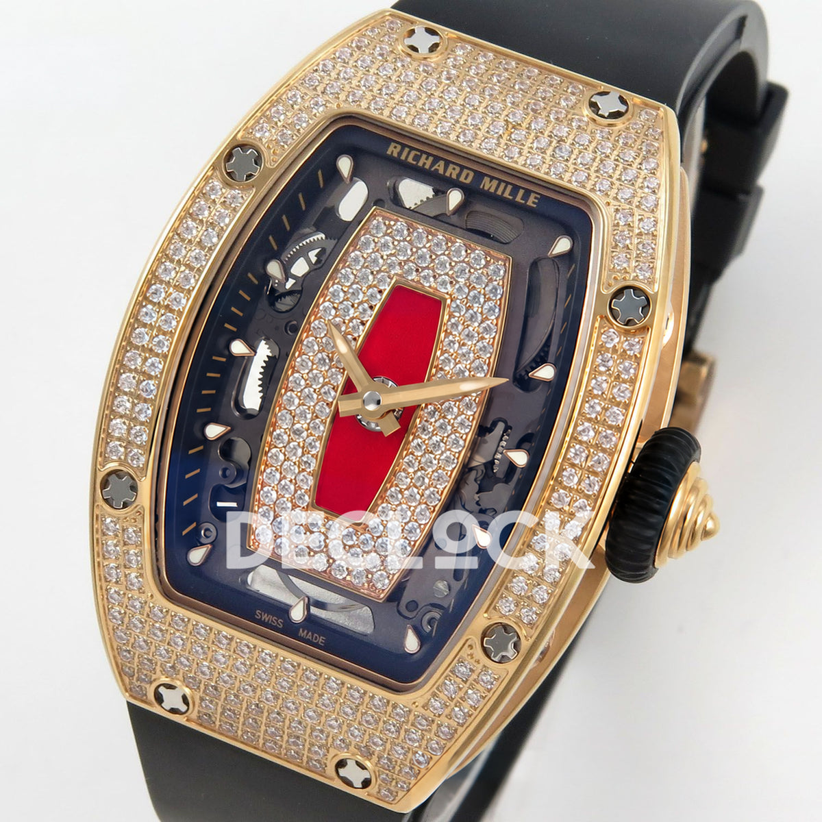 Richard Mille RM07-01 Full Pave Rose Gold Tone Red Dial Black Rubber ZF CRMA2 replica - front opposite angle