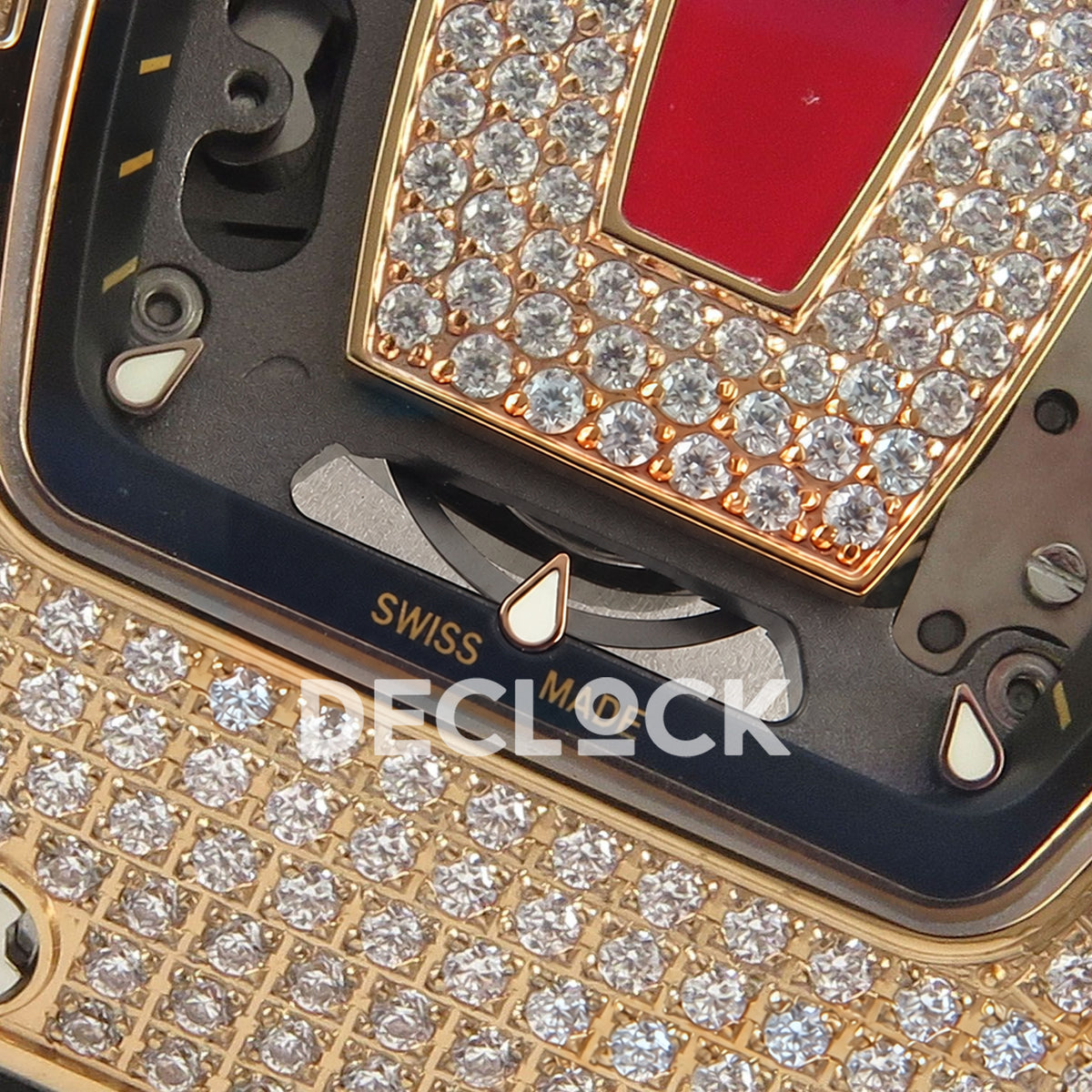 Richard Mille RM07-01 Full Pave Rose Gold Tone Red Dial Black Rubber ZF CRMA2 replica - dial lower detail