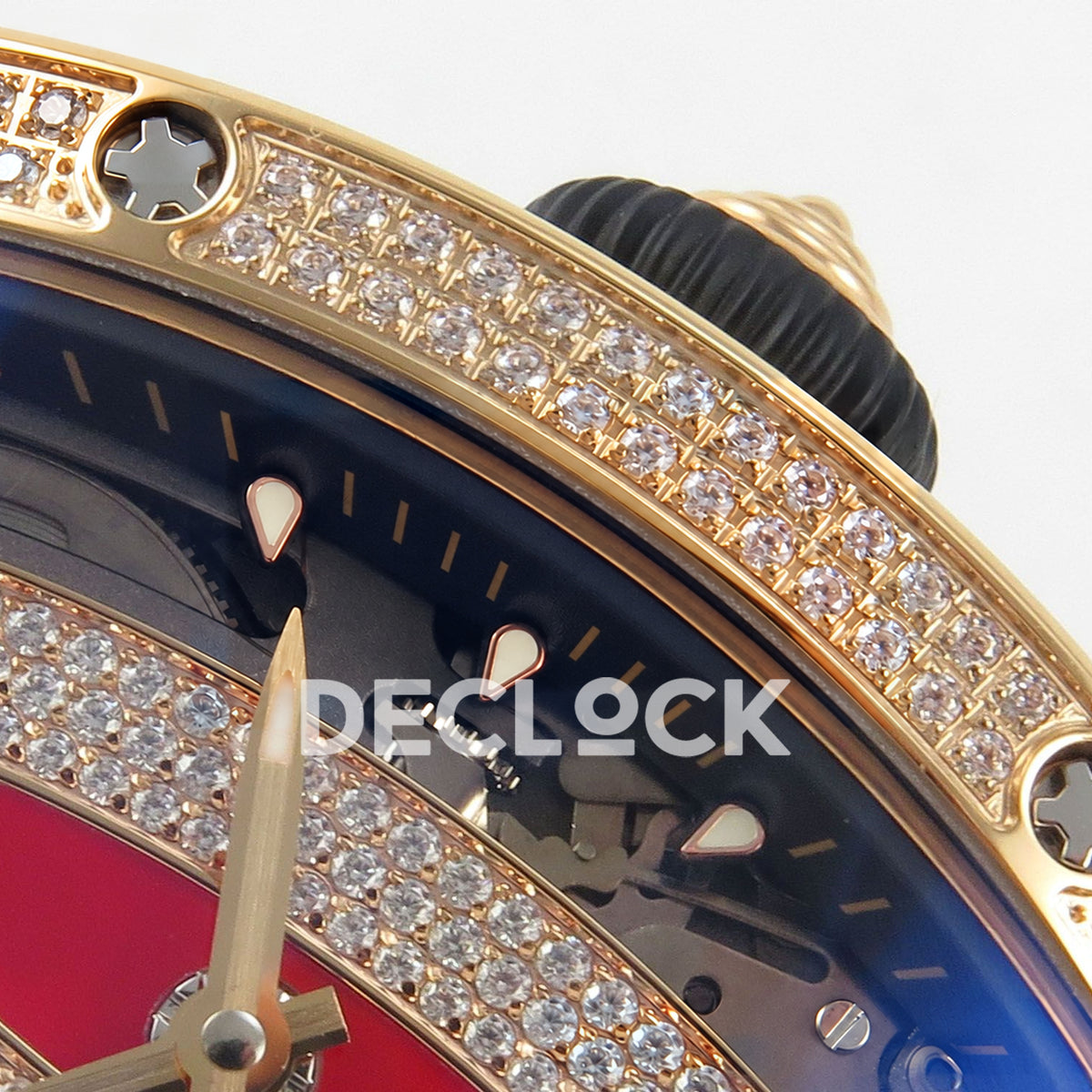 Richard Mille RM07-01 Full Pave Rose Gold Tone Red Dial Black Rubber ZF CRMA2 replica - crown and bezel detail