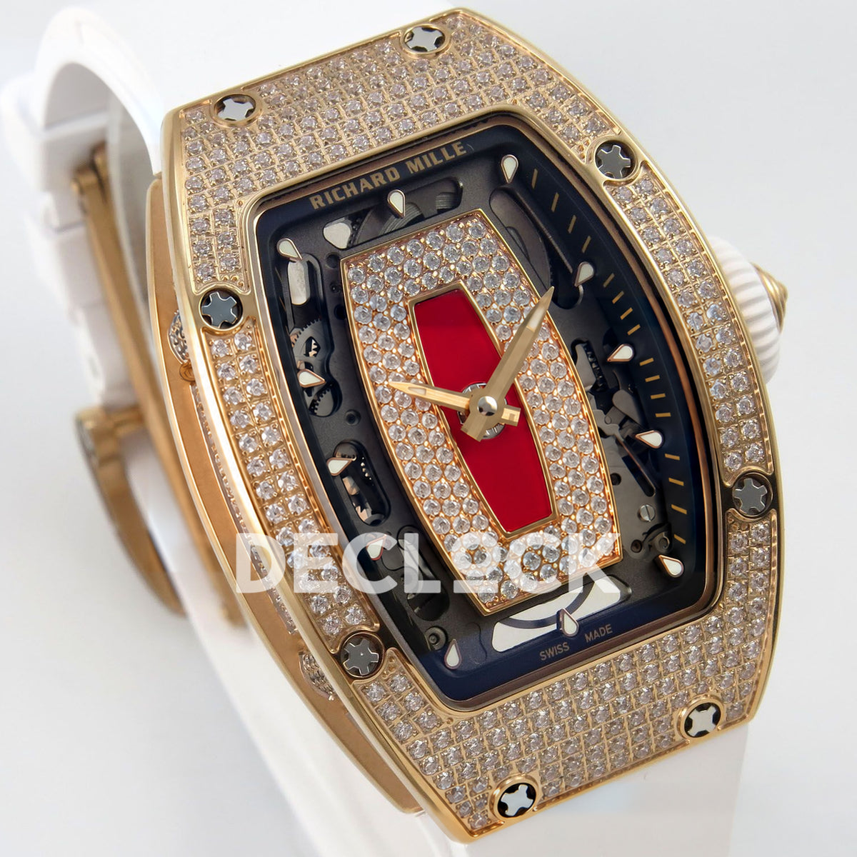 Richard Mille RM07-01 Full Pave Rose Gold Tone Red Dial White Rubber ZF CRMA2 replica - three quarter