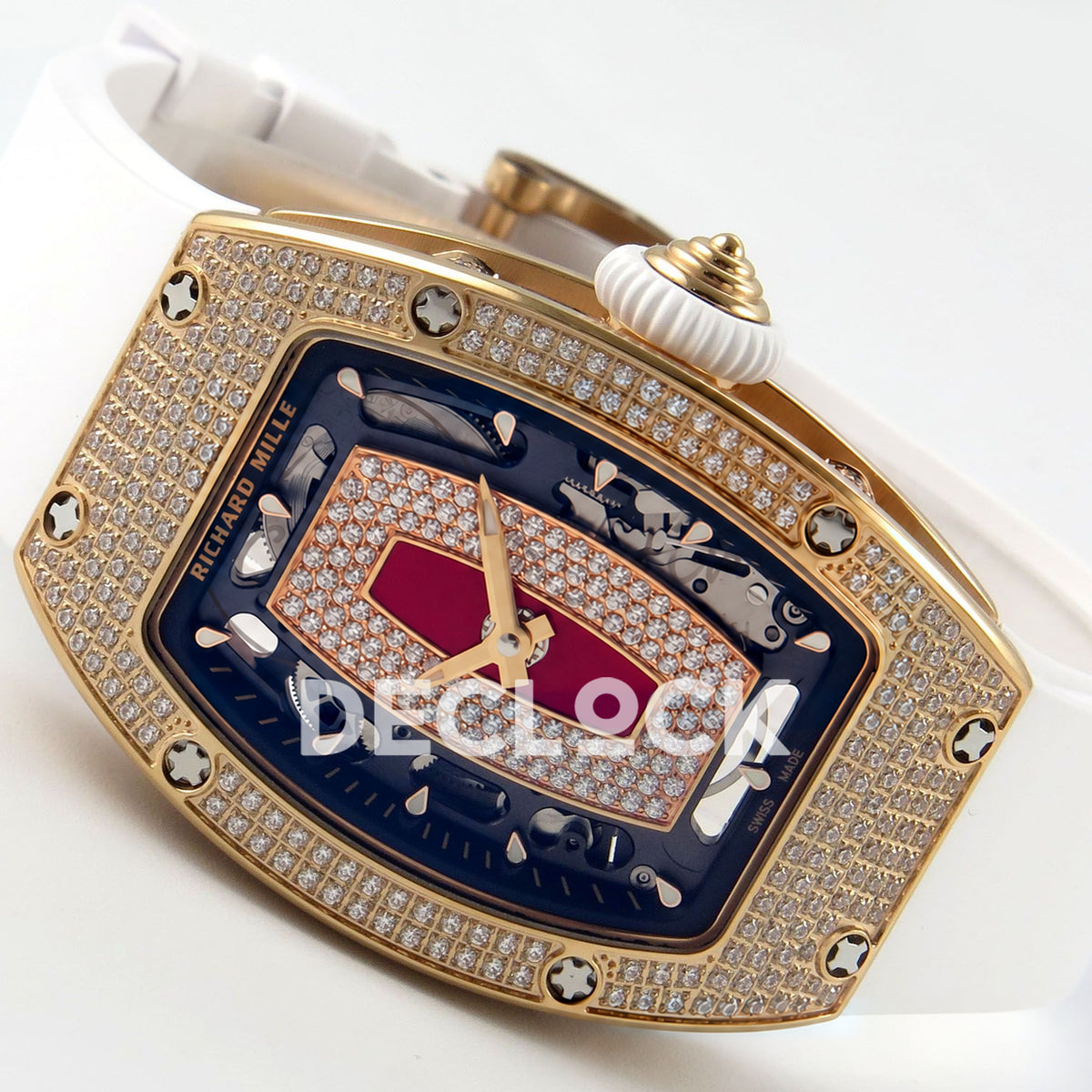 Richard Mille RM07-01 Full Pave Rose Gold Tone Red Dial White Rubber ZF CRMA2 replica - horizontal crown up