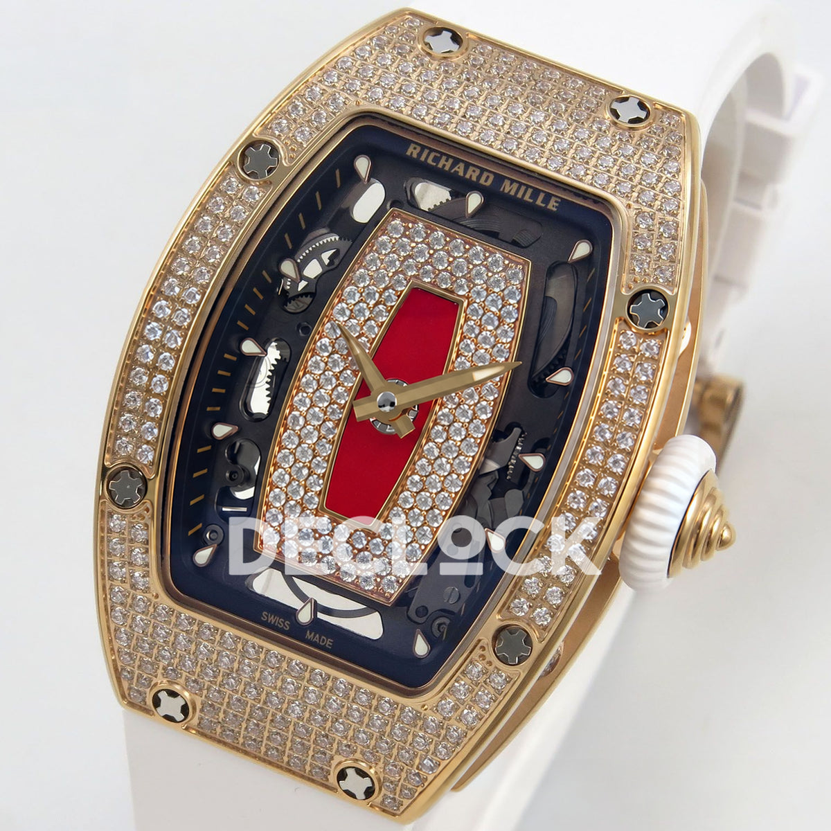 Richard Mille RM07-01 Full Pave Rose Gold Tone Red Dial White Rubber ZF CRMA2 replica - front opposite angle