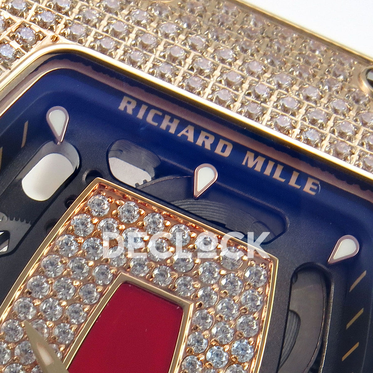 Richard Mille RM07-01 Full Pave Rose Gold Tone Red Dial White Rubber ZF CRMA2 replica - dial upper detail
