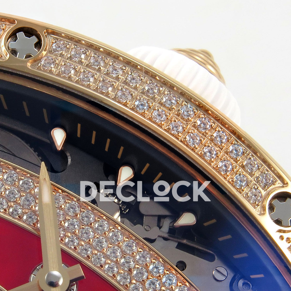 Richard Mille RM07-01 Full Pave Rose Gold Tone Red Dial White Rubber ZF CRMA2 replica - crown and bezel detail