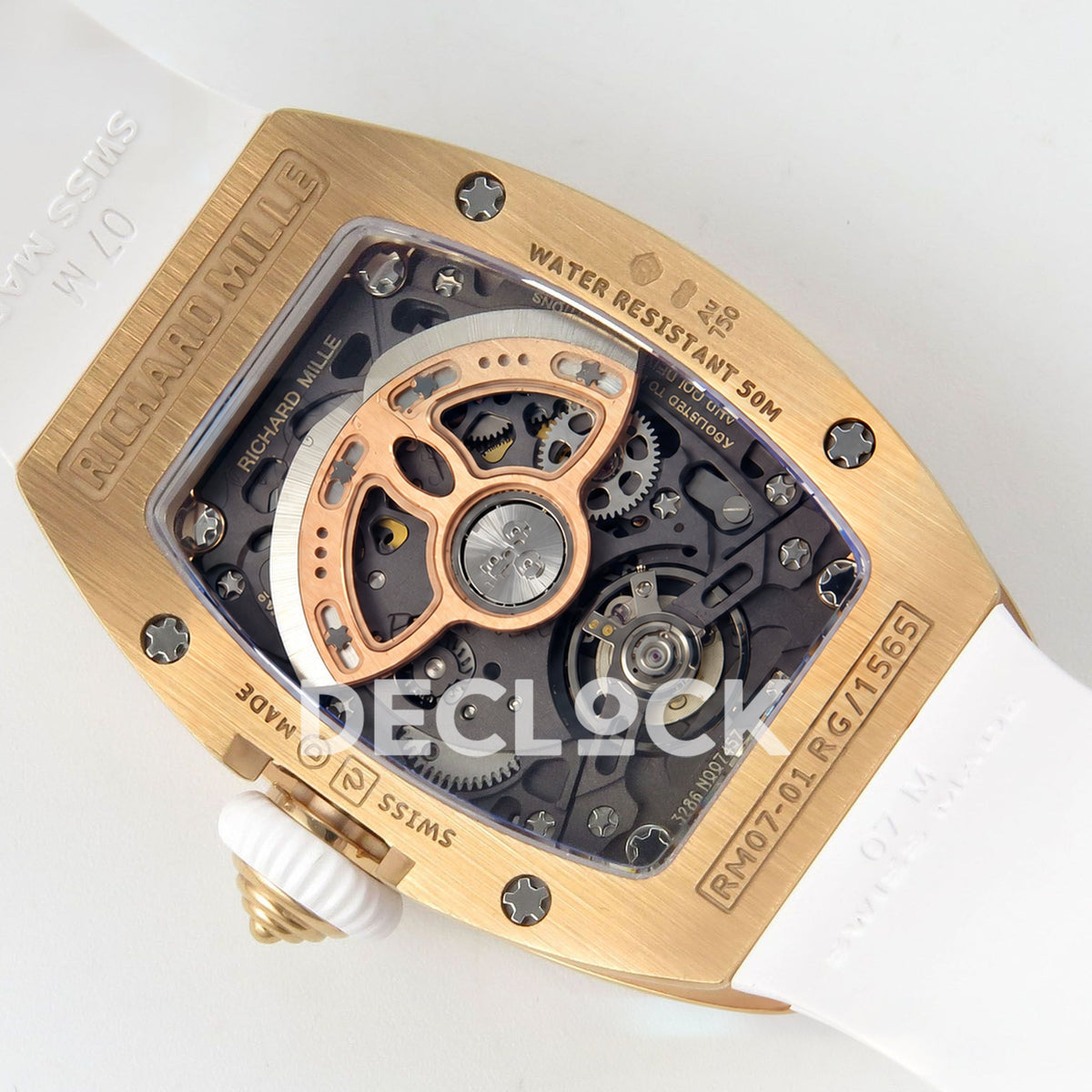 Richard Mille RM07-01 Full Pave Rose Gold Tone Red Dial White Rubber ZF CRMA2 replica - caseback rotor left