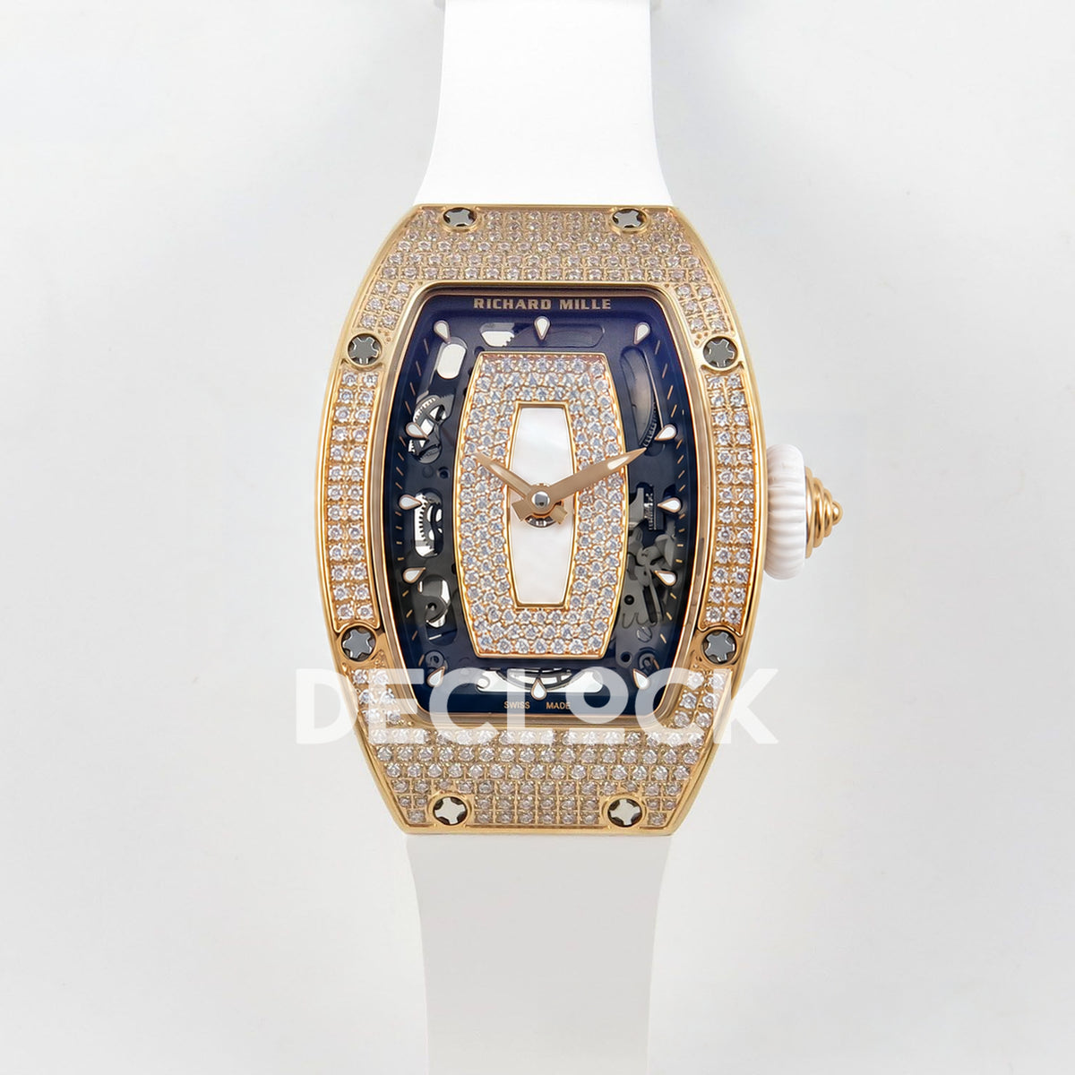 Richard Mille RM07-01 Full Pave Rose Gold Tone White MOP Dial White Rubber ZF CRMA2 replica - front