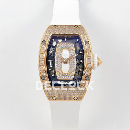 Richard Mille RM07-01 Full Pave Rose Gold Tone White MOP Dial White Rubber ZF CRMA2 replica - front