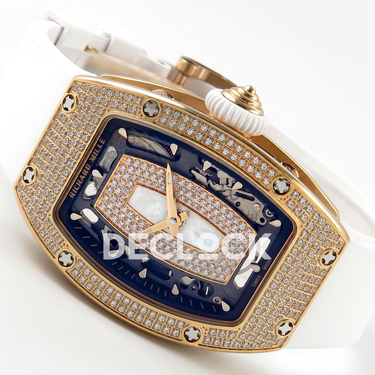 Richard Mille RM07-01 Full Pave Rose Gold Tone White MOP Dial White Rubber ZF CRMA2 replica - horizontal crown up