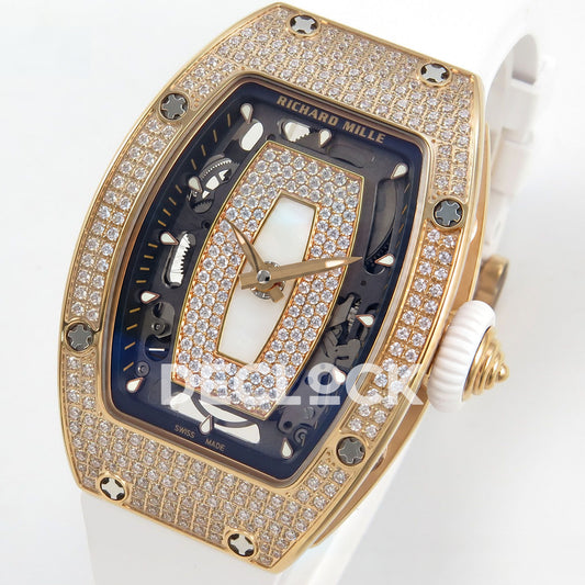 Richard Mille RM07-01 Full Pave Rose Gold Tone White MOP Dial White Rubber ZF CRMA2 replica - front opposite angle