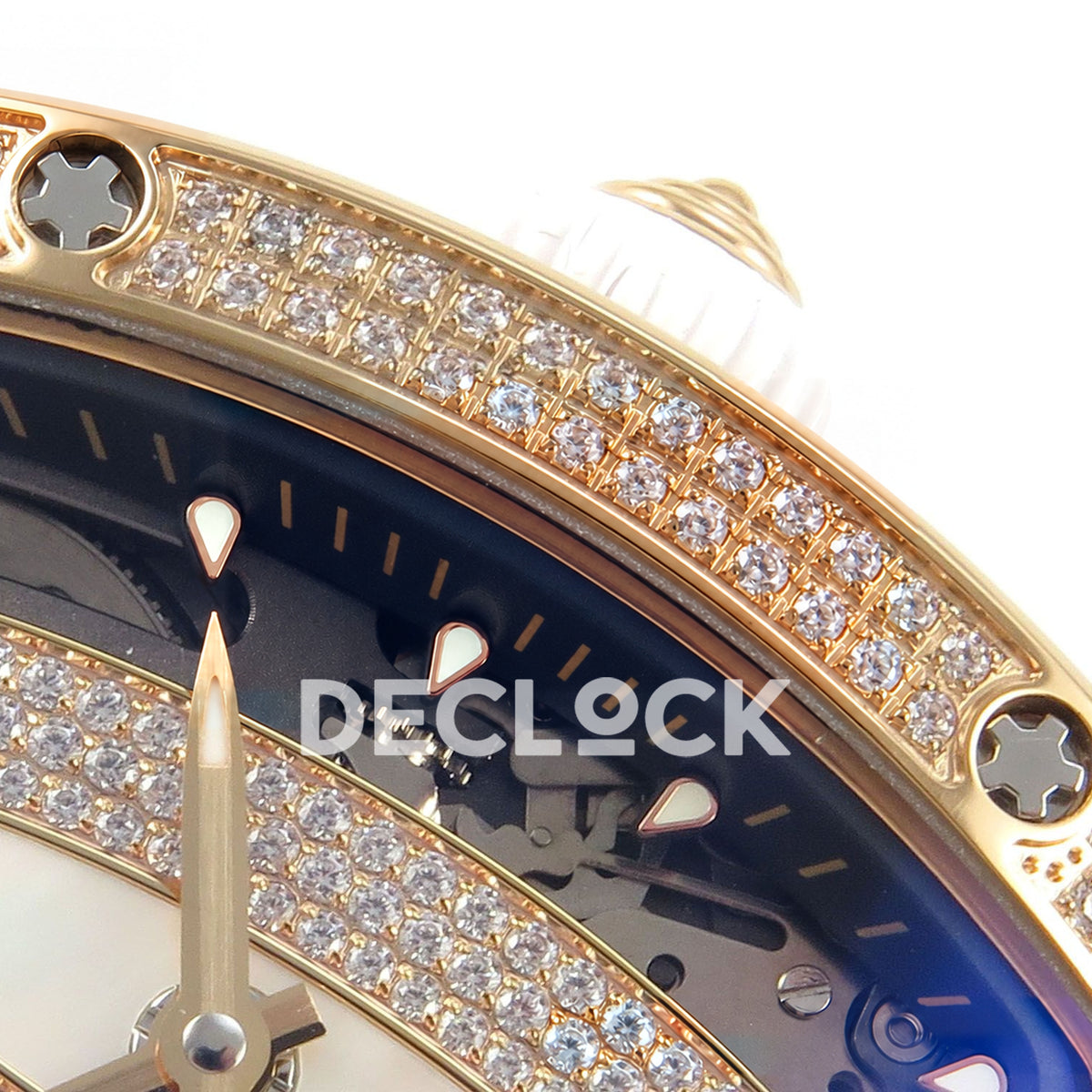 Richard Mille RM07-01 Full Pave Rose Gold Tone White MOP Dial White Rubber ZF CRMA2 replica - crown and bezel detail