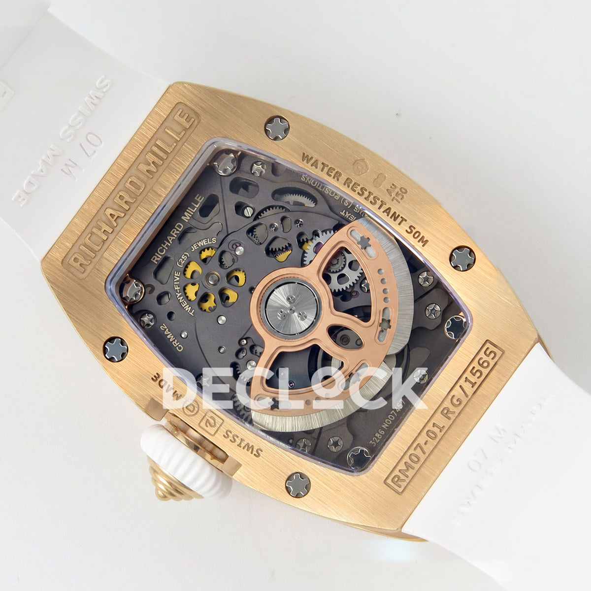 Richard Mille RM07-01 Full Pave Rose Gold Tone White MOP Dial White Rubber ZF CRMA2 replica - caseback rotor right
