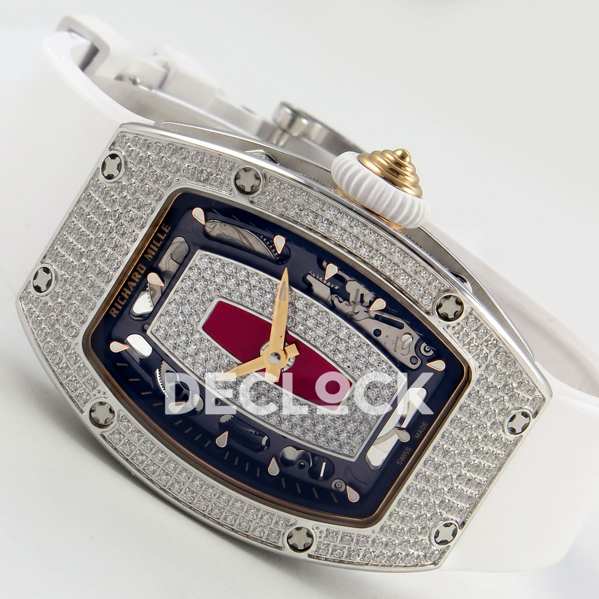 Richard Mille RM07-01 Full Pave Steel Red Dial White Rubber ZF CRMA2 replica - horizontal crown up