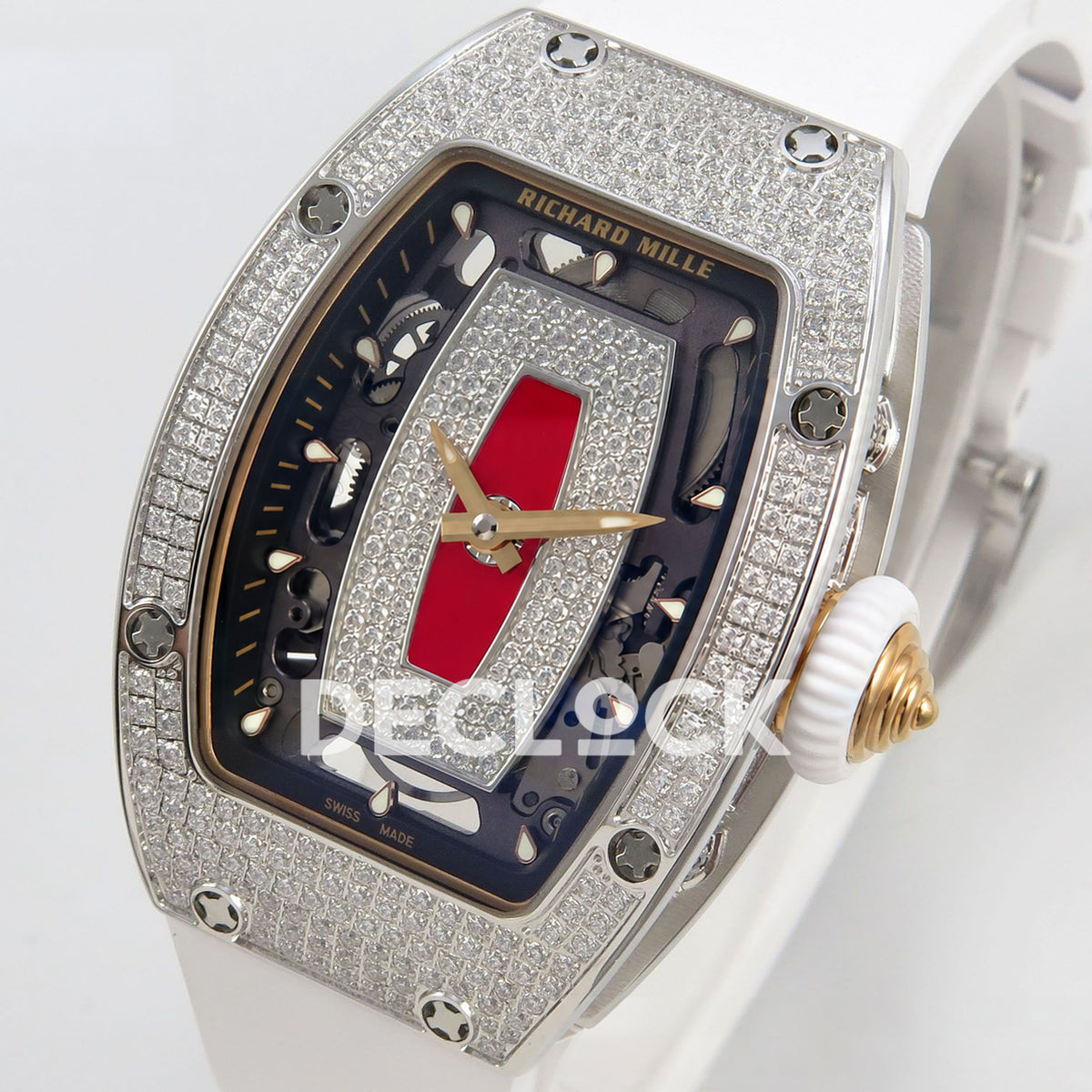 Richard Mille RM07-01 Full Pave Steel Red Dial White Rubber ZF CRMA2 replica - front opposite angle