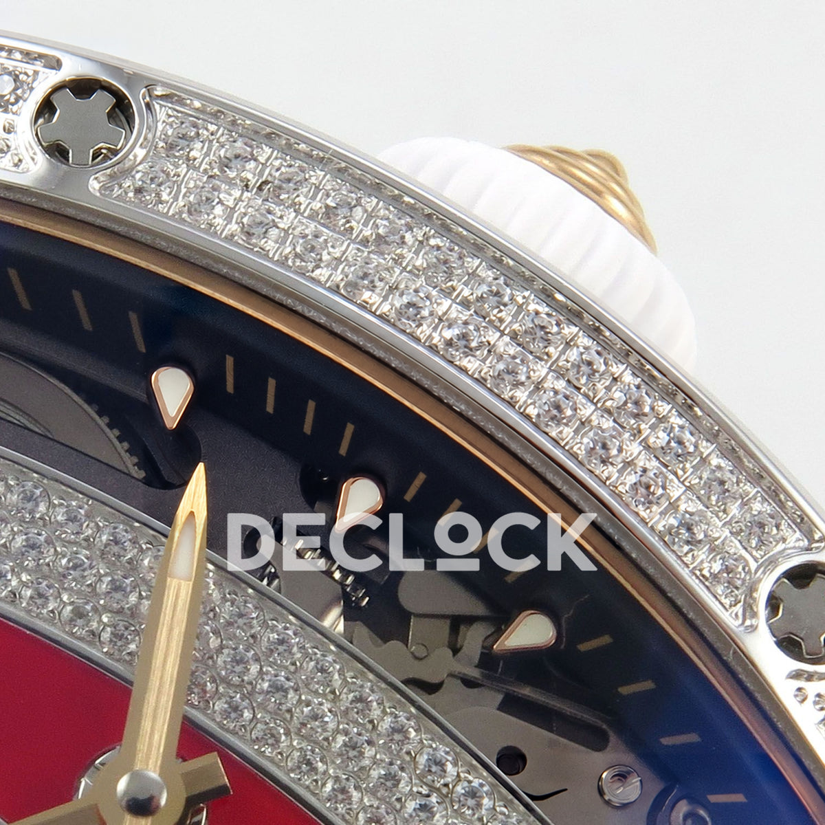 Richard Mille RM07-01 Full Pave Steel Red Dial White Rubber ZF CRMA2 replica - crown and bezel detail