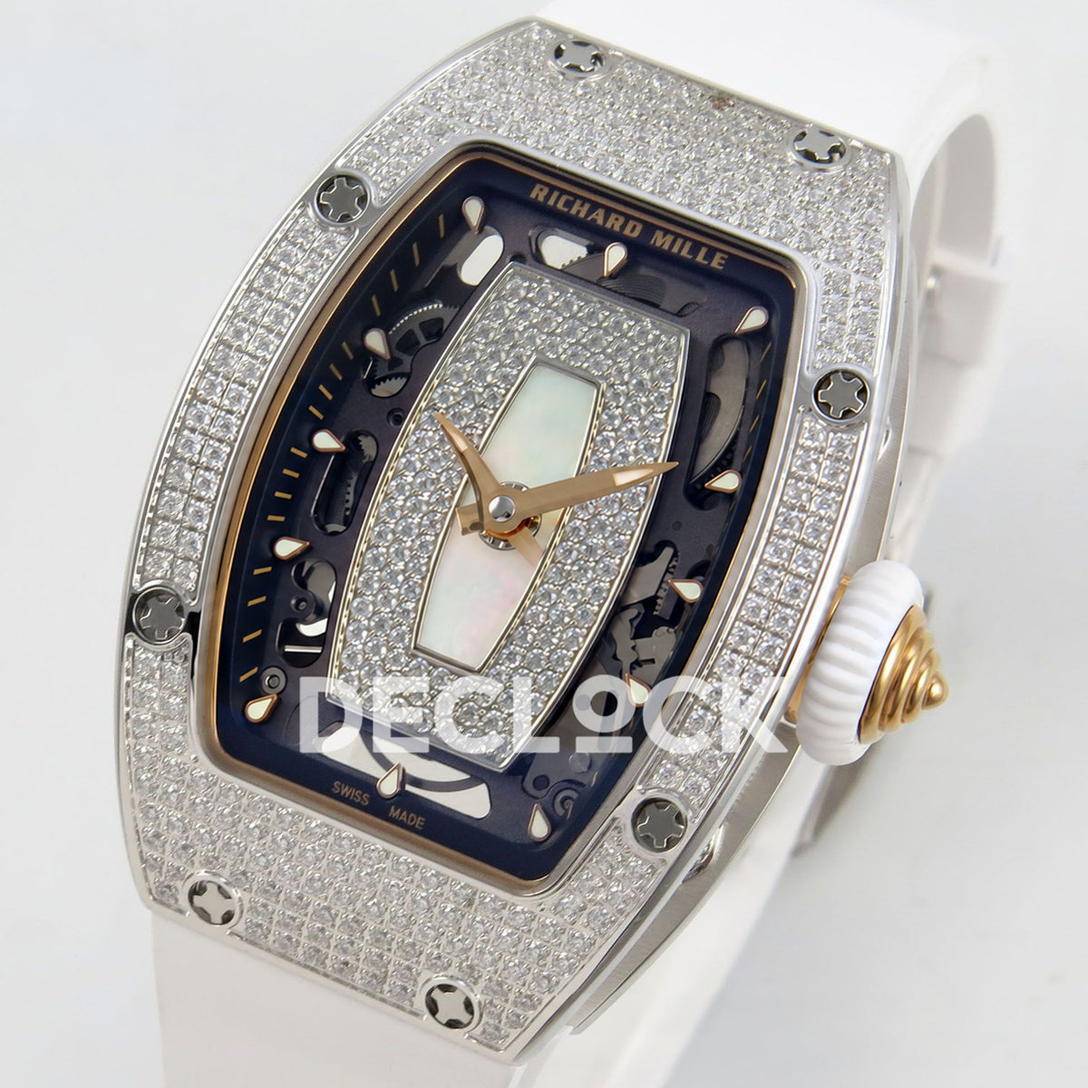 Richard Mille RM07-01 Full Pave Steel White MOP Dial White Rubber ZF CRMA2 replica - front opposite angle