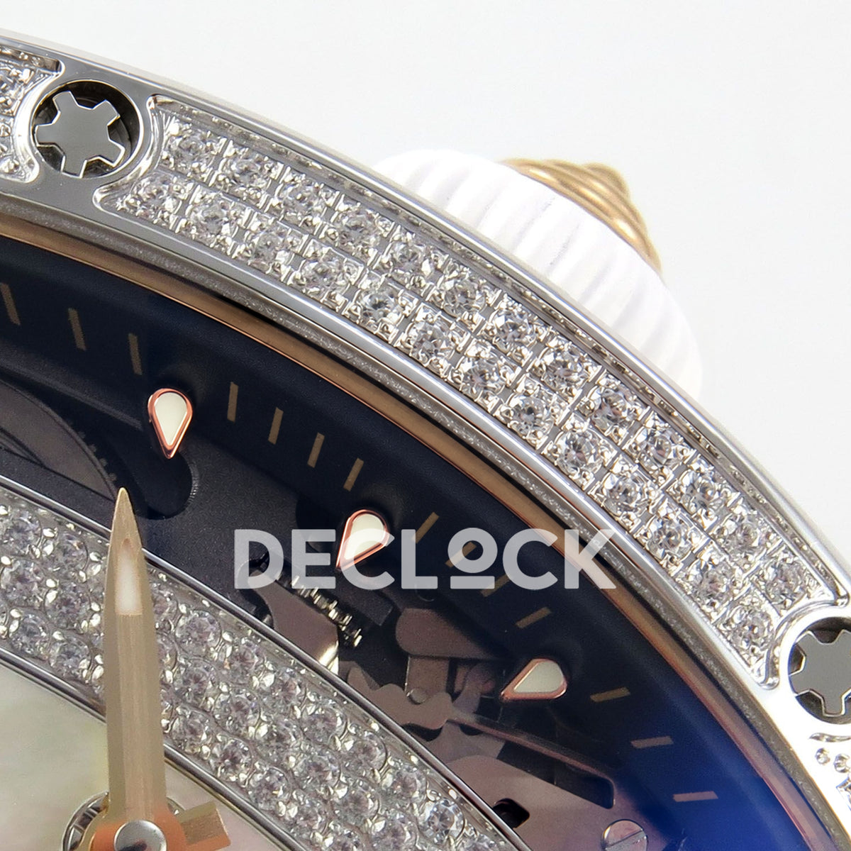 Richard Mille RM07-01 Full Pave Steel White MOP Dial White Rubber ZF CRMA2 replica - crown and bezel detail
