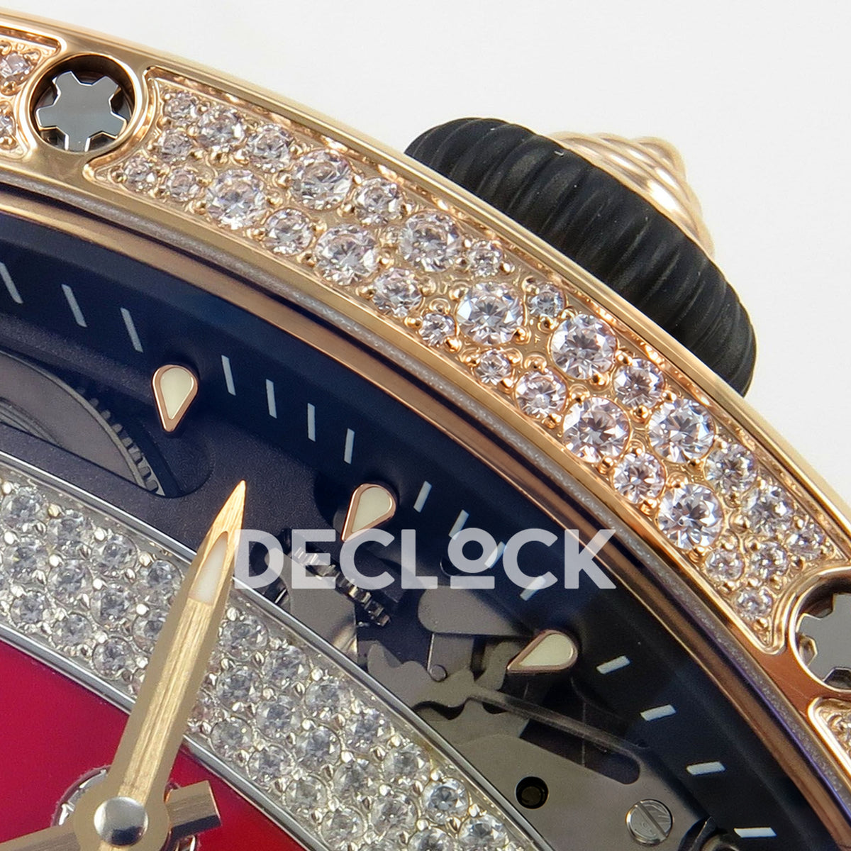 Richard Mille RM07-01 Snow Set Rose Gold Tone Red Dial Red Rubber ZF CRMA2 replica - crown and bezel detail