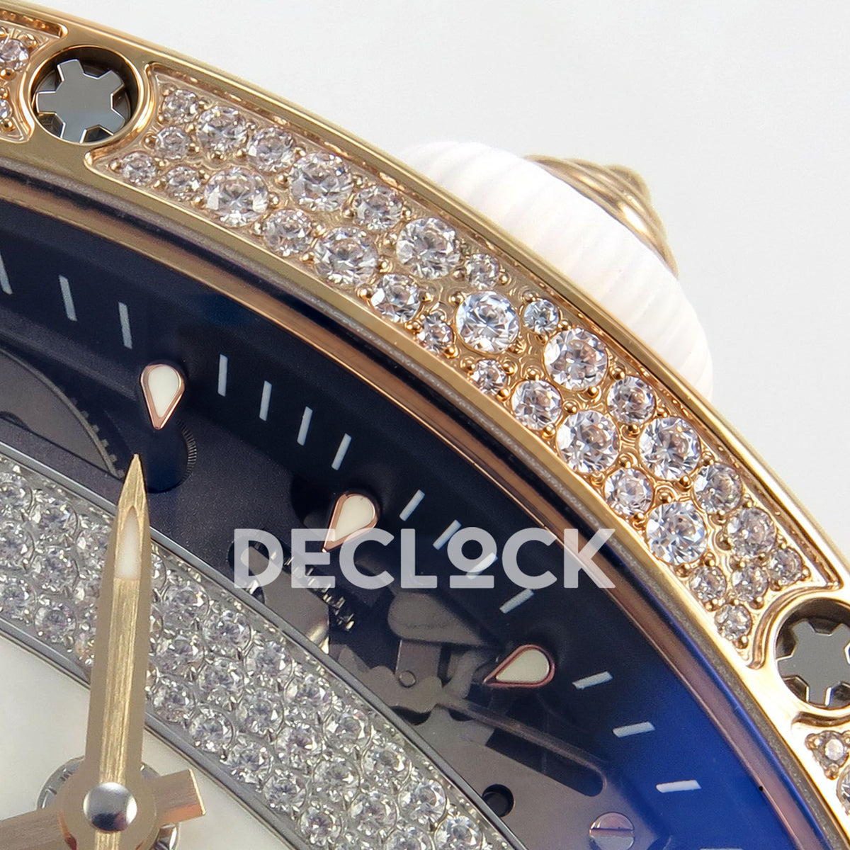Richard Mille RM07-01 Snow Set Rose Gold Tone White Dial White Rubber ZF CRMA2 replica - crown and bezel detail