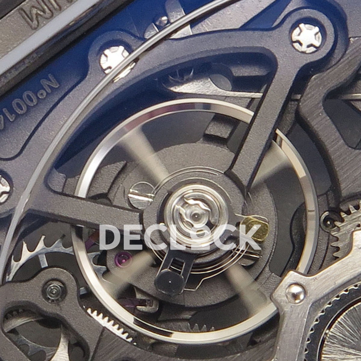 Richard Mille RM67-02 RICH Black France Pro V2 replica - original balance wheel, purple jewel, gears and black movement bridge in close-up