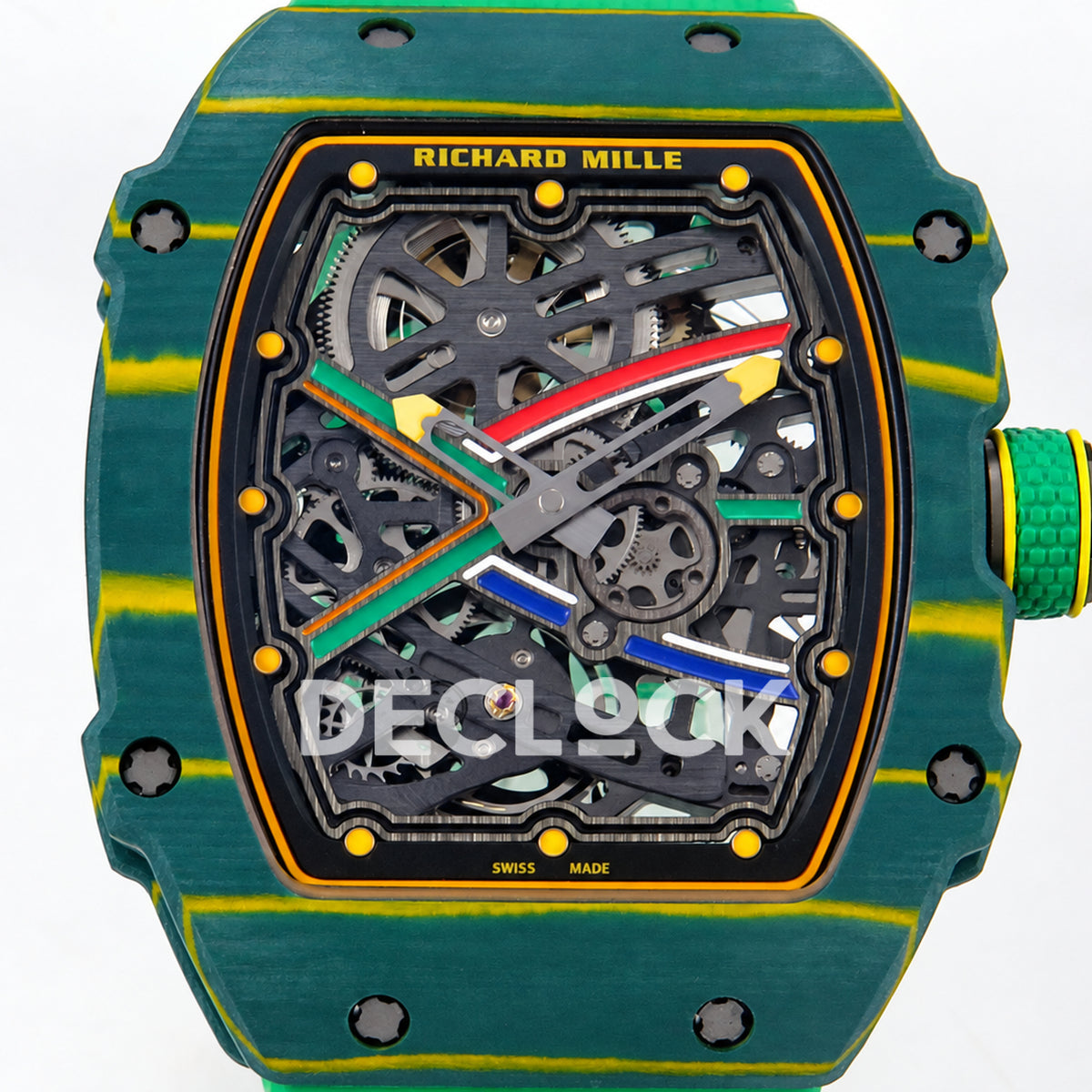 Richard Mille RM67-02 RICH Maker green NTPT Wayde Van Niekerk CRMA7 — skeleton dial closeup